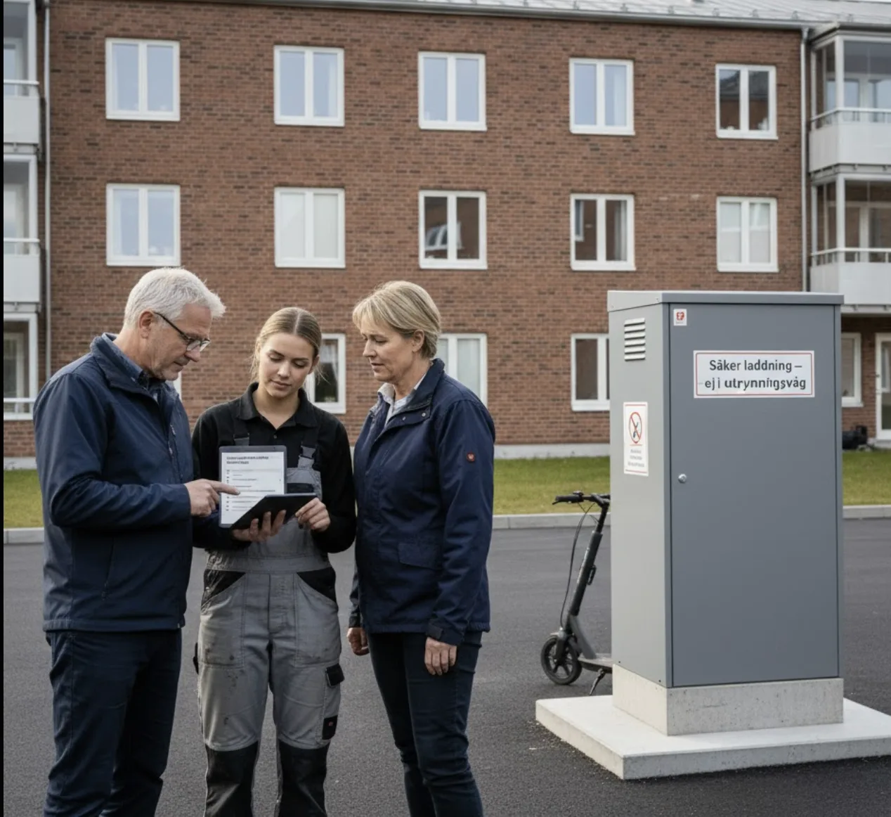 Brandskyddskonsult går igenom laddstation för elfordon med BRF-representanter utanför flerbostadshus