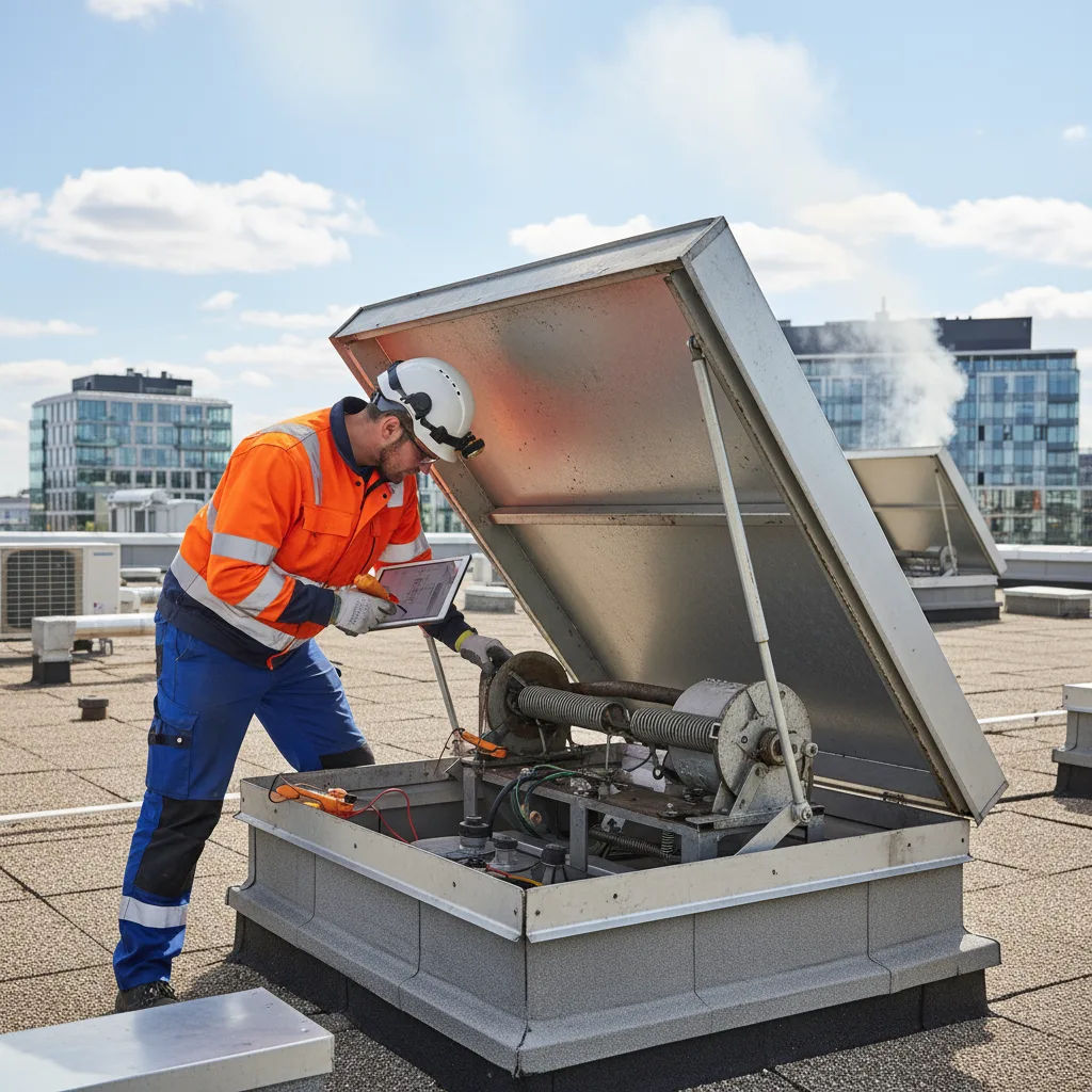 Tekniker utför underhåll av röklucka på tak för brandgasventilation